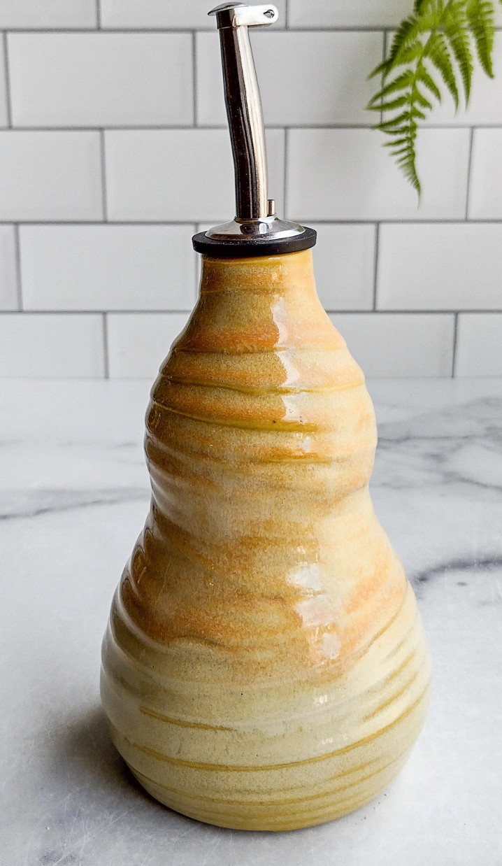 Ceramic Cruet Bottle with Pouring Spout for Cooking Oil or Condiments, Handmade, Dishwasher Safe Stoneware