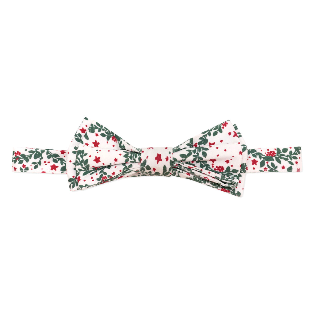 Boys’ Baker Bow Tie in Regent Wreaths, a festive red and green holiday print on a classic white background.