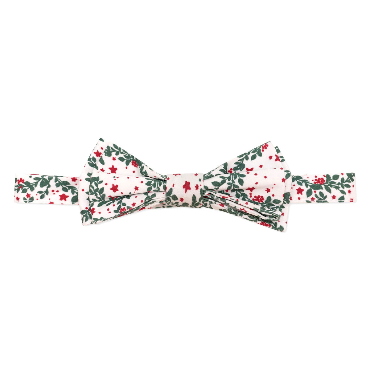 Boys’ Baker Bow Tie in Regent Wreaths, a festive red and green holiday print on a classic white background.