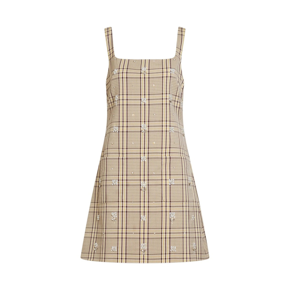 Front view of Barton Dress in Wheat/Deep Redwood Multi with plaid suiting and pearl and crystal embellishments, white background