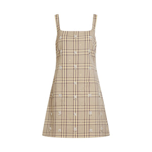 Front view of Barton Dress in Wheat/Deep Redwood Multi with plaid suiting and pearl and crystal embellishments, white background