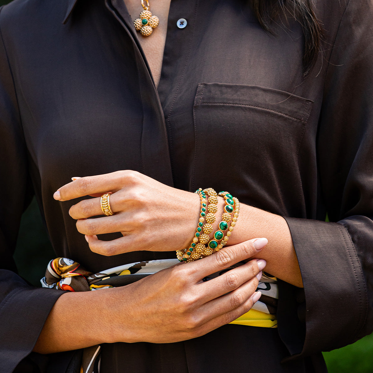 Berry Gem Petite Hinged Bangle in Malachite