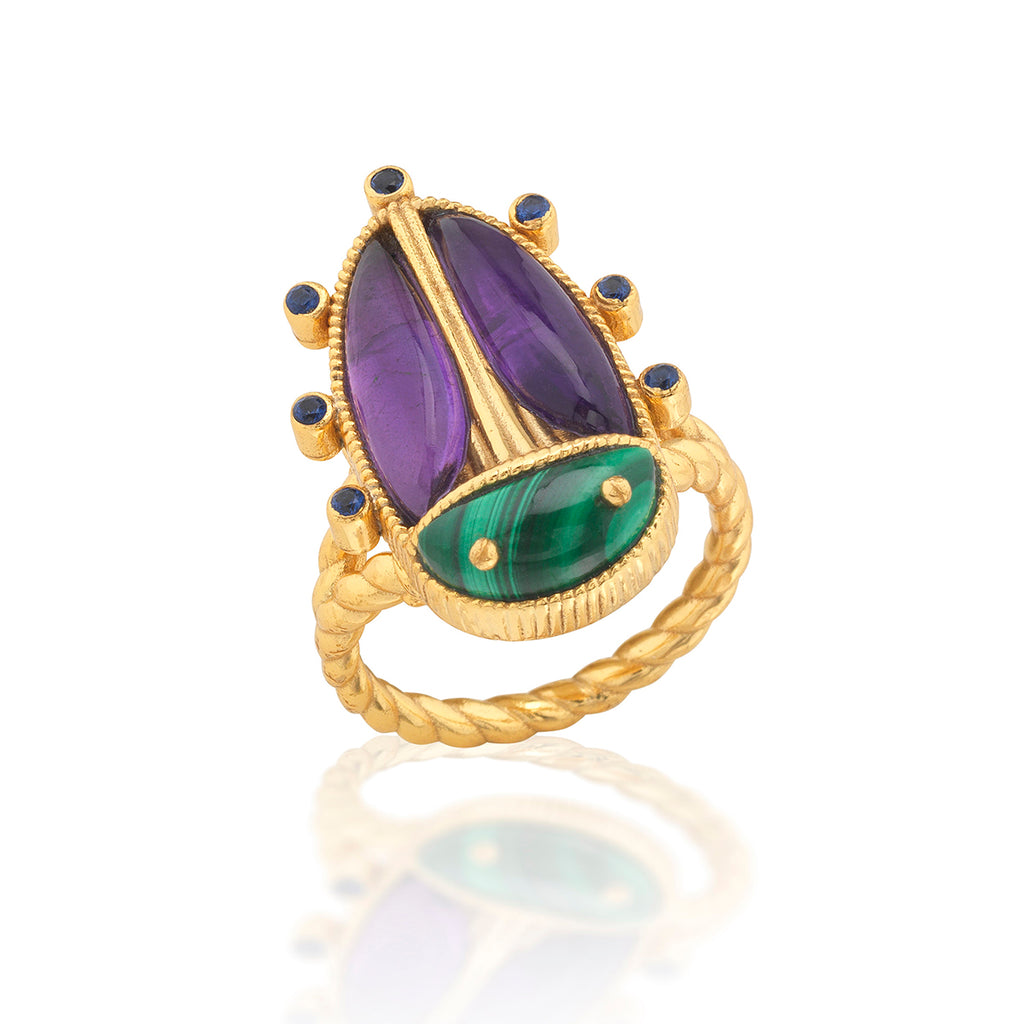 Scarab Grande Ring in Malachite/Amythest