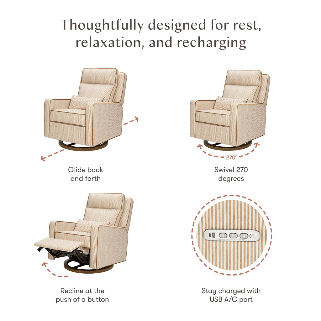 Rest and recharge feature infographic showing glide, 270-degree swivel, push-button recline, and USB charging