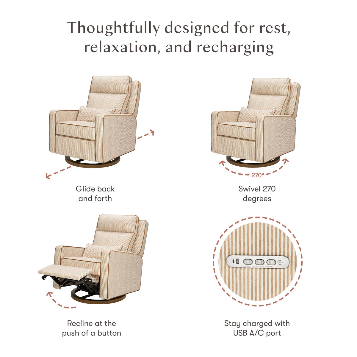 Rest and recharge feature infographic showing glide, 270-degree swivel, push-button recline, and USB charging