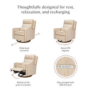 Rest and recharge feature infographic showing glide, 270-degree swivel, push-button recline, and USB charging