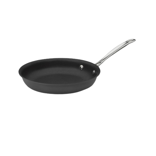 Angled view of Chef’s Classic® Non-Stick Hard Anodized Skillet with black nonstick surface and stainless steel handle