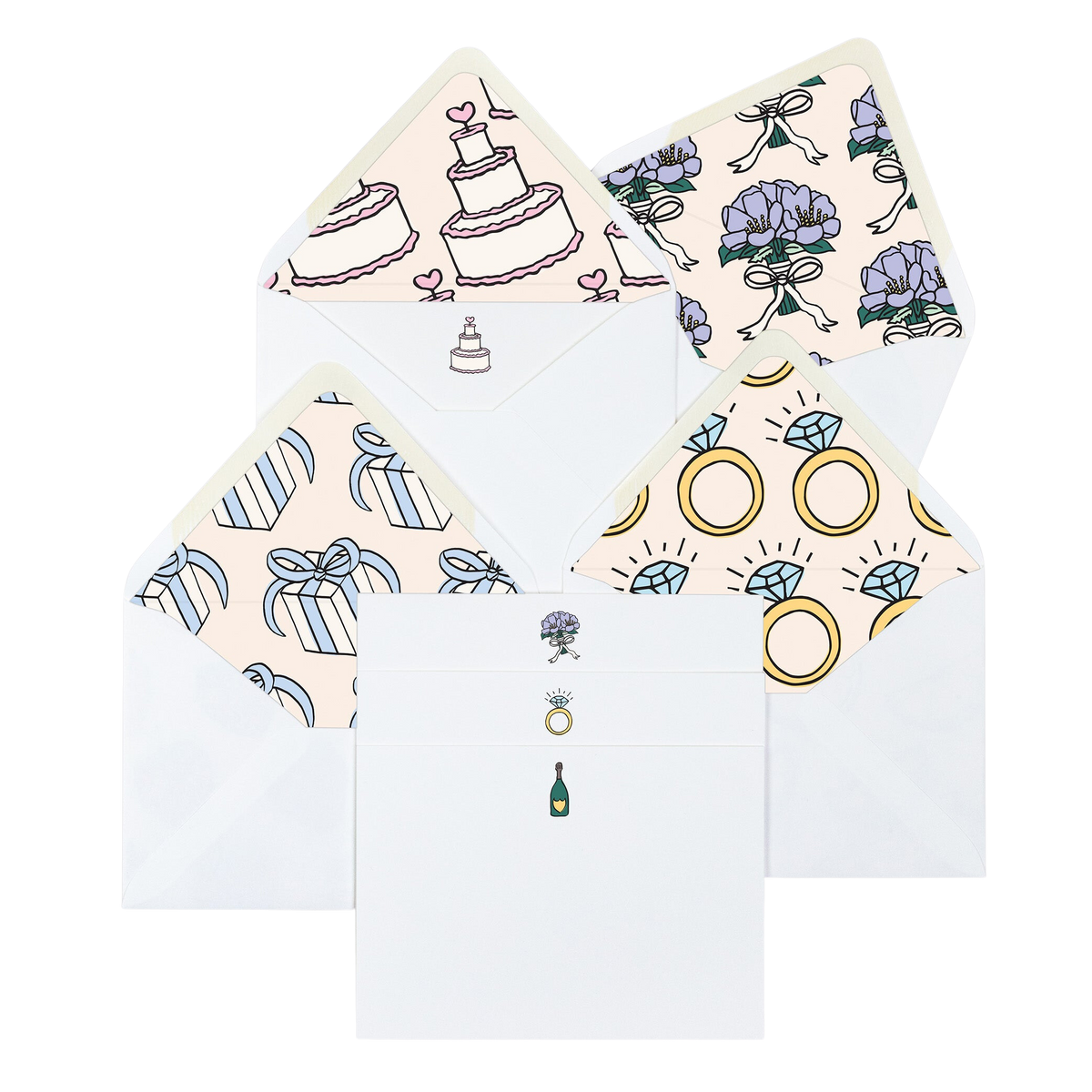 Top view of Marry Me notecards and envelopes showing illustrated liners including cake, bouquet, gift, and ring with small flap icons on white background