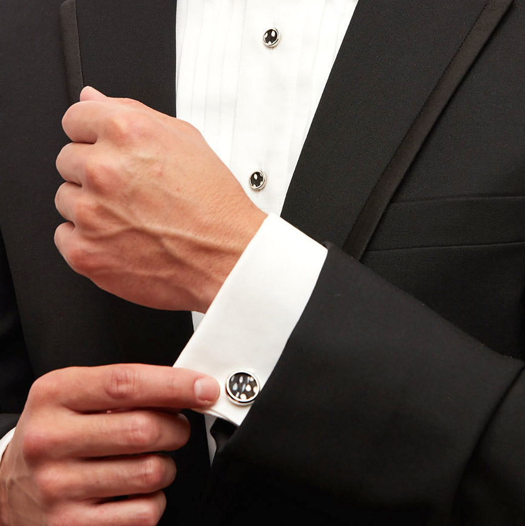 Cufflink and Studs Set - Natural Black & White Guinea Feathers