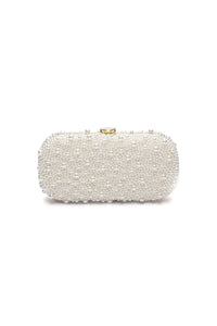 A Bella Clutch True Love Pearl Petite, perfect as a wedding accessory, on a white background from The Bella Rosa Collection.