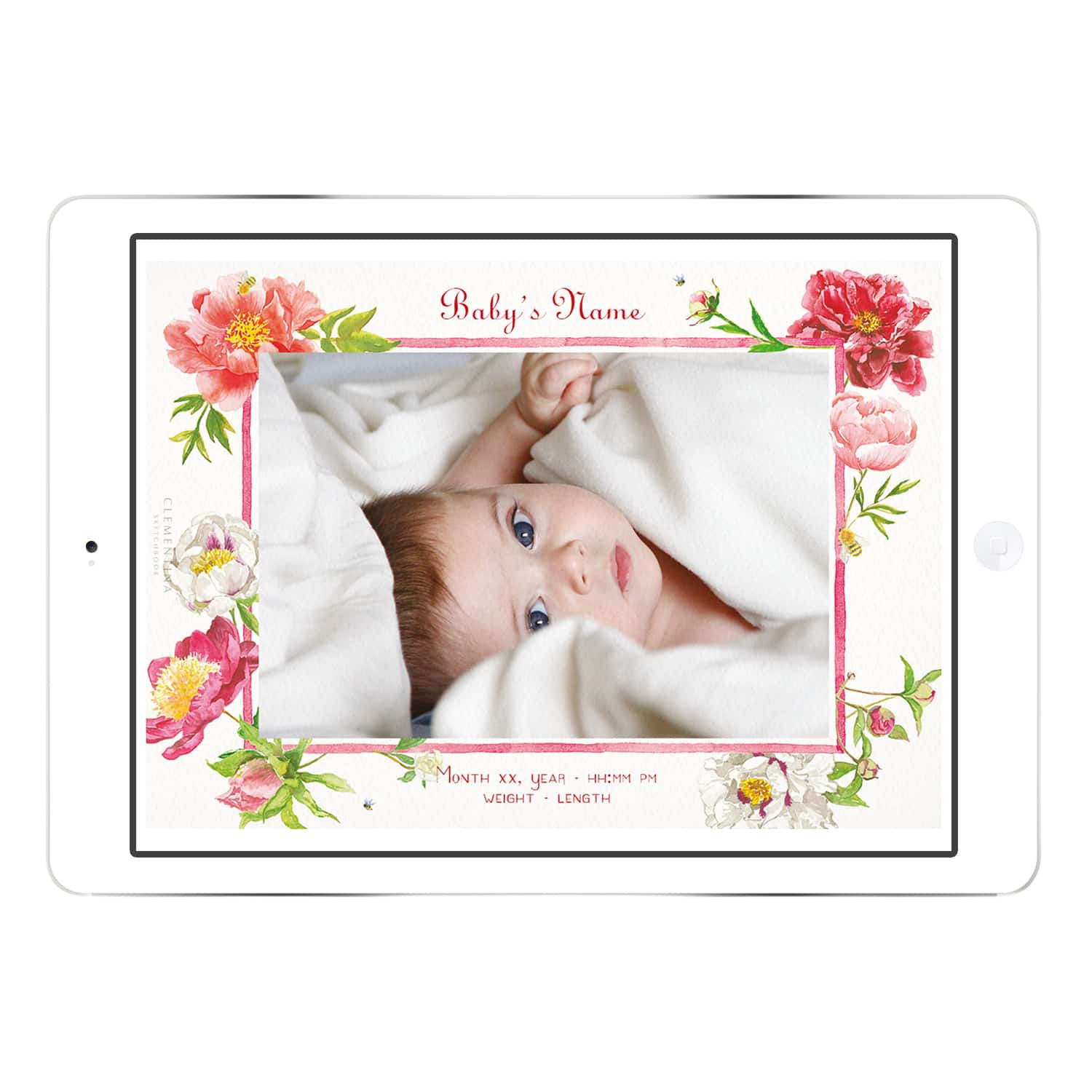 Digital Peonies Birth Announcement with Photo