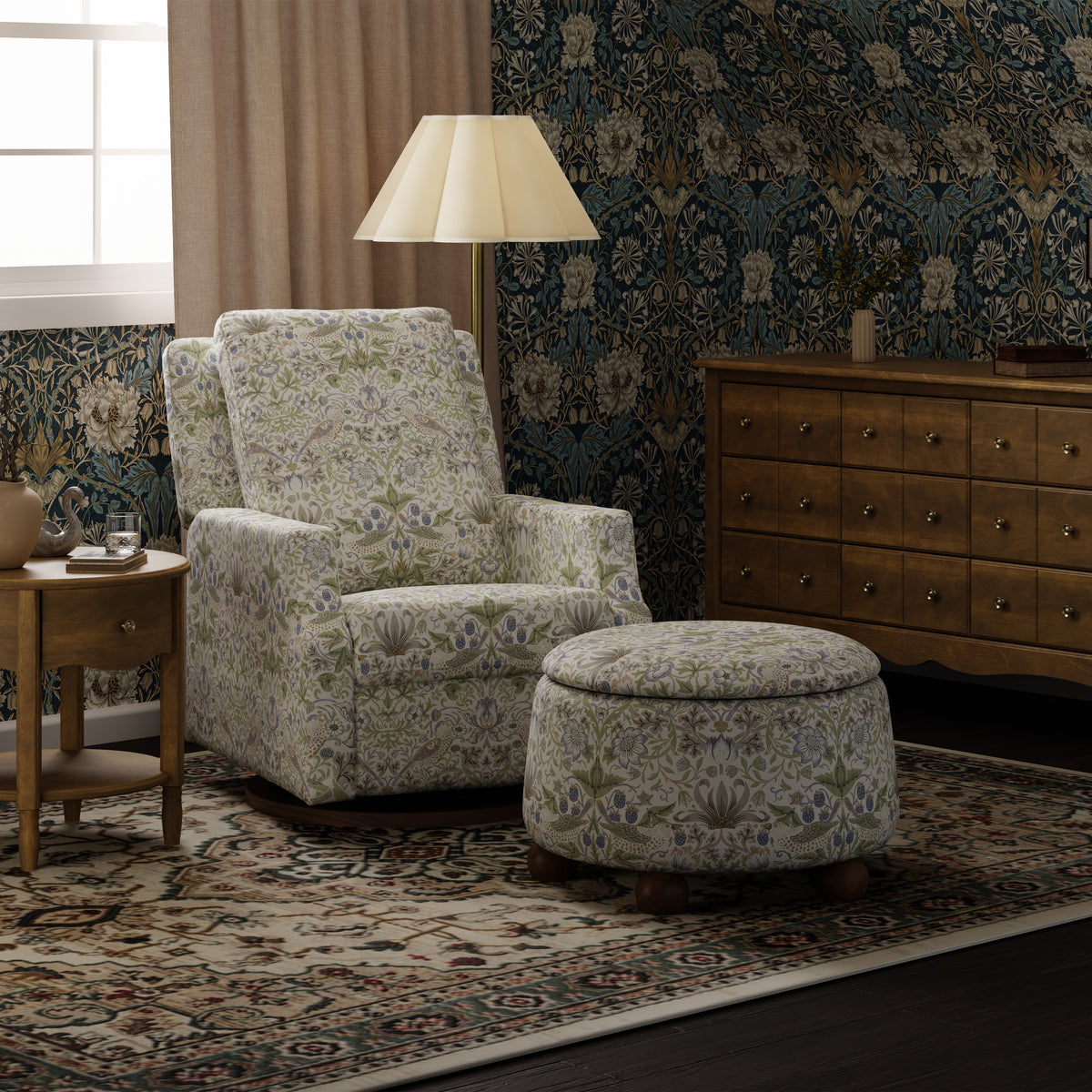 Morris & Co. x Namesake Tuffet Storage Ottoman Strawberry Thief in Fig & Thyme