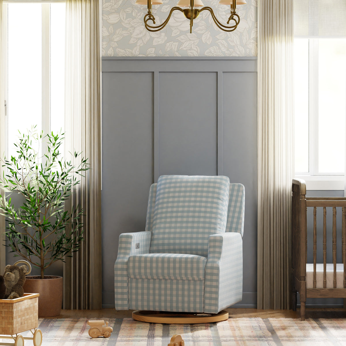 Crewe Electronic Recliner and Swivel Glider in Blue Gingham with Light Wood Base