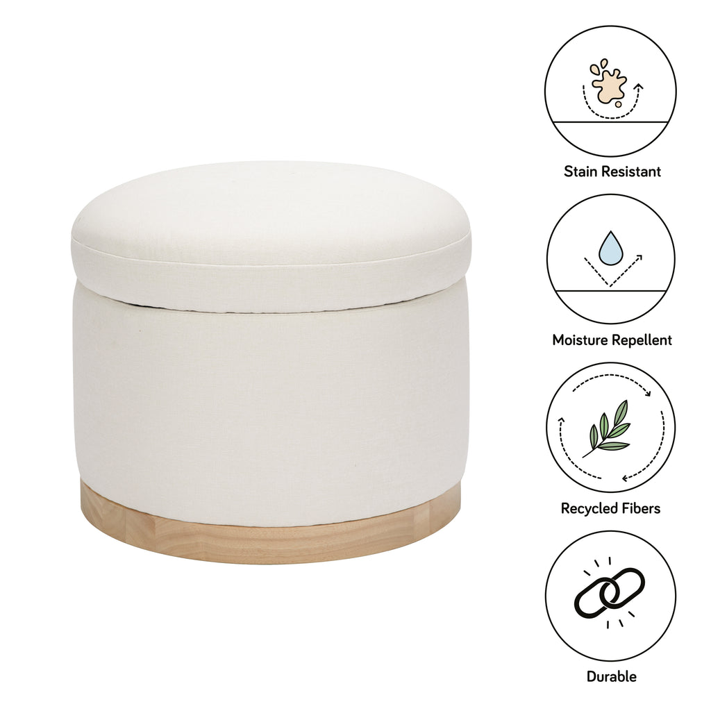 Naka Storage Ottoman in Eco-Performance Fabric | Water Repellent & Stain Resistant in Performance Cream Eco-Weave with Light Wood Base