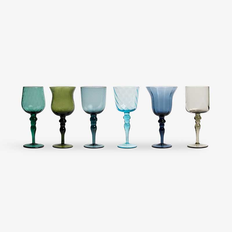 Bitossi Home Set of 6 Glasses Assorted Shapes Texture Nuances Blue Green – White Wine