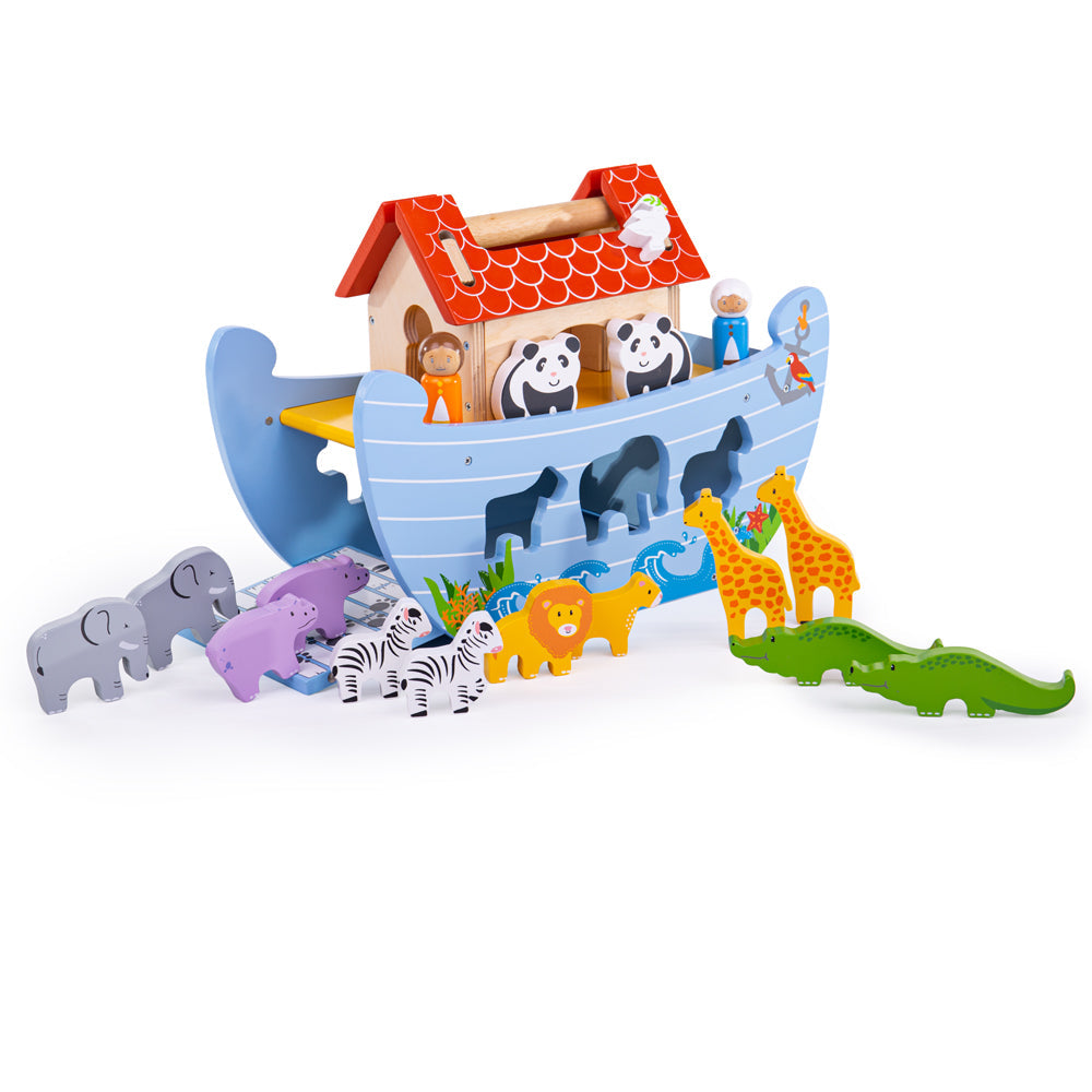 Front view of colorful 16-piece wooden Noah’s Ark toy showcasing animal figures and fold-down ramp on a white background
