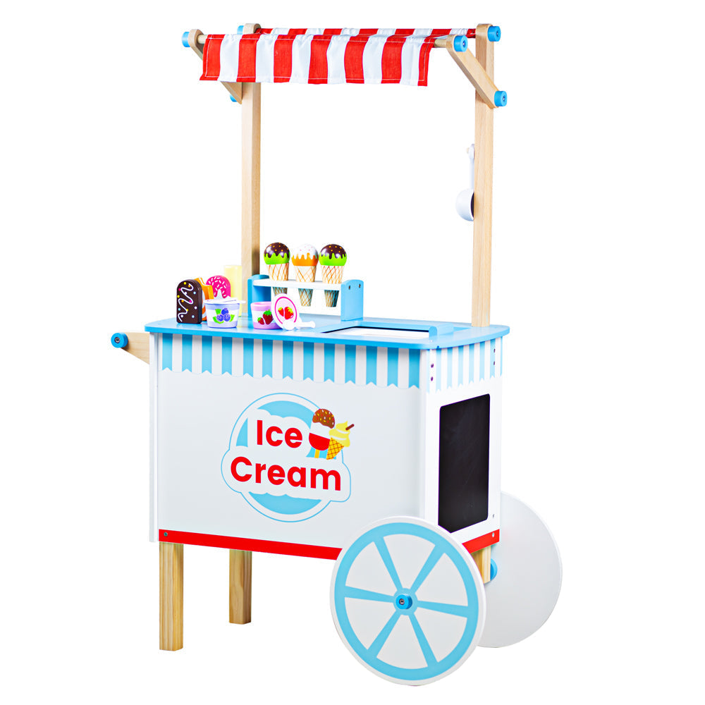 Front three-quarter view of wooden Ice Cream Cart showcasing striped canopy, wheels, and included treats on white background