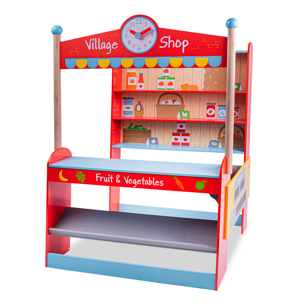 Front view of wooden Village Shop play stand showing shelving, chalkboard, moveable clock and canvas side basket on white background