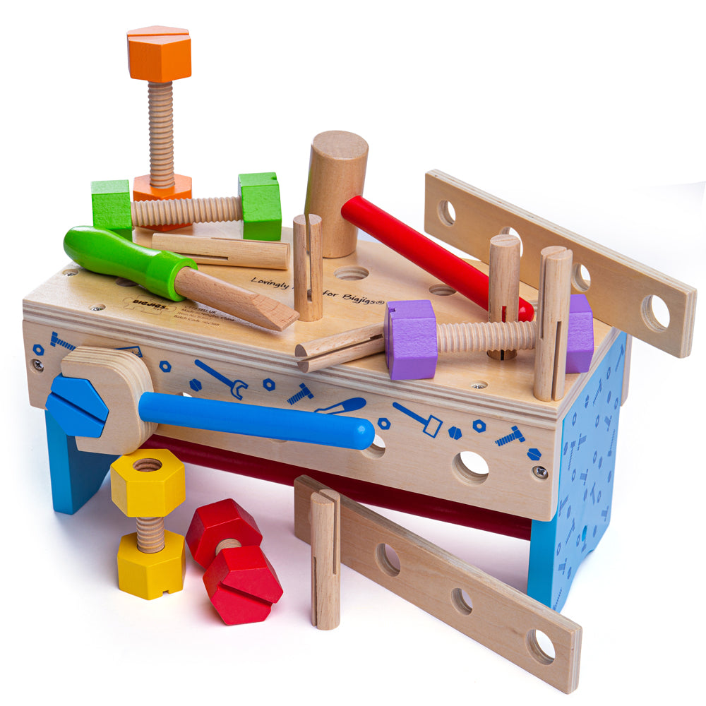Front three-quarter view of My Workbench showcasing colorful wooden tools, nuts, and bolts on a white background