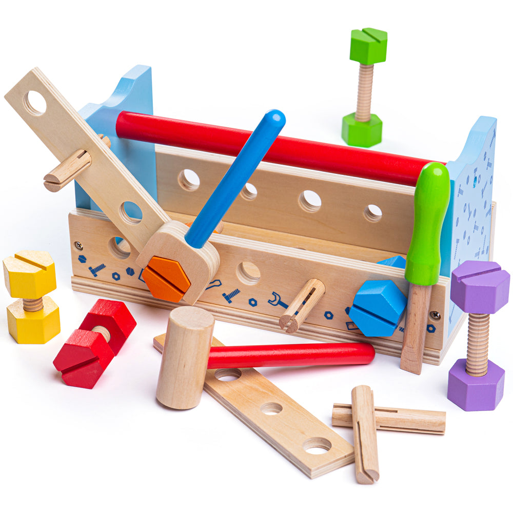 Front view of My Workbench showcasing colorful wooden tools and nuts and bolts with a white background
