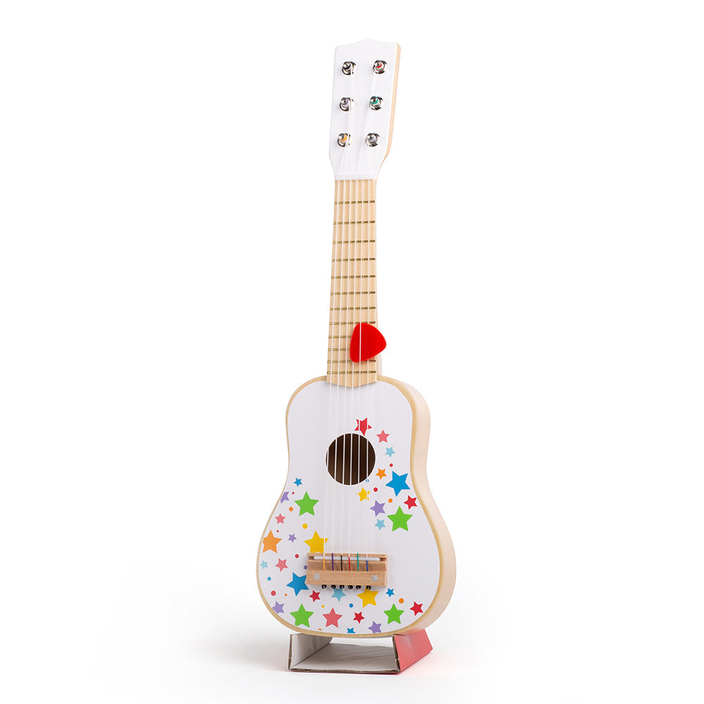 Front view of Guitar showcasing six nylon strings, red pick, and colorful star design on white background