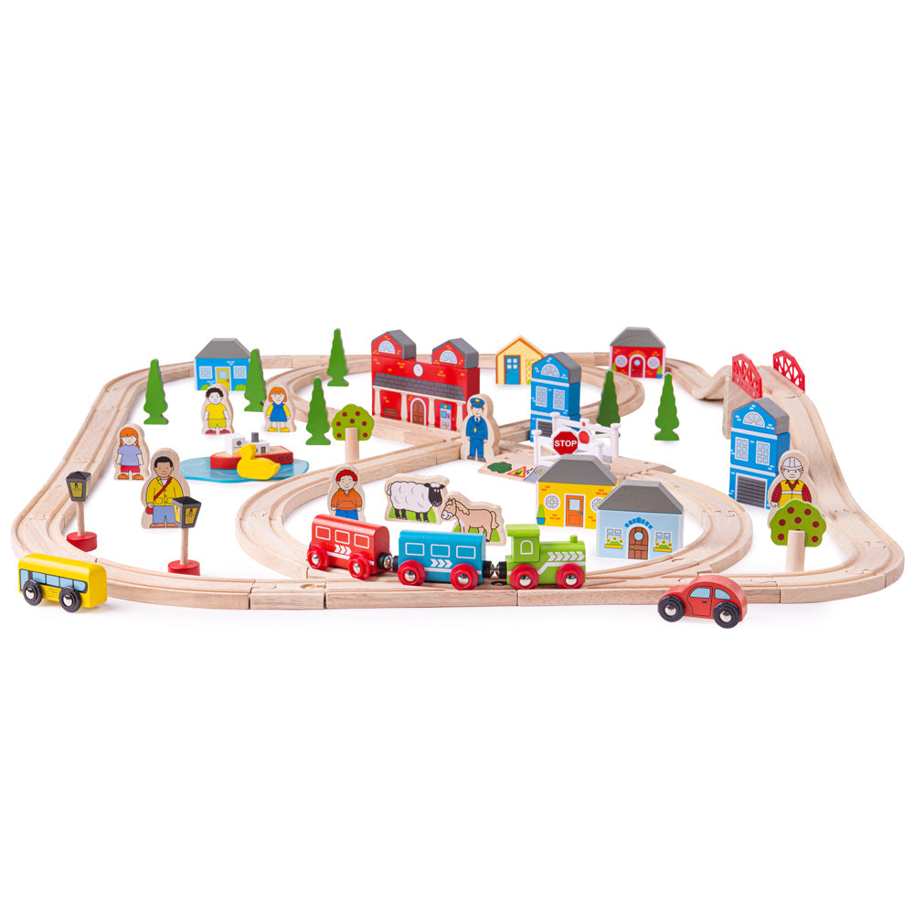 Front view of Town and Country Train Set showcasing a 91-piece railway with buildings, vehicles, figures, trees, and boat