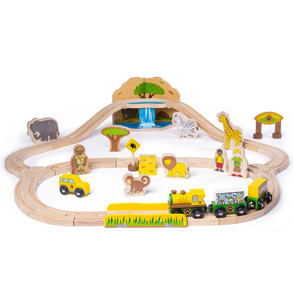Angled view of Safari wooden train set (38-piece) showcasing a yellow engine with two carriages, wooden animal figures and a raised bridge on a white background