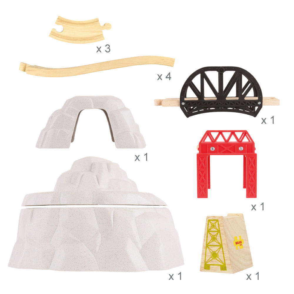 Front view of Rocky Mountain Expansion Pack showcasing wooden tracks, mountain tunnel, and bridges with white background