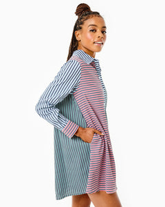 Model is wearing the Bloom Shirt Dress in Navy/ Cherry Stripe.