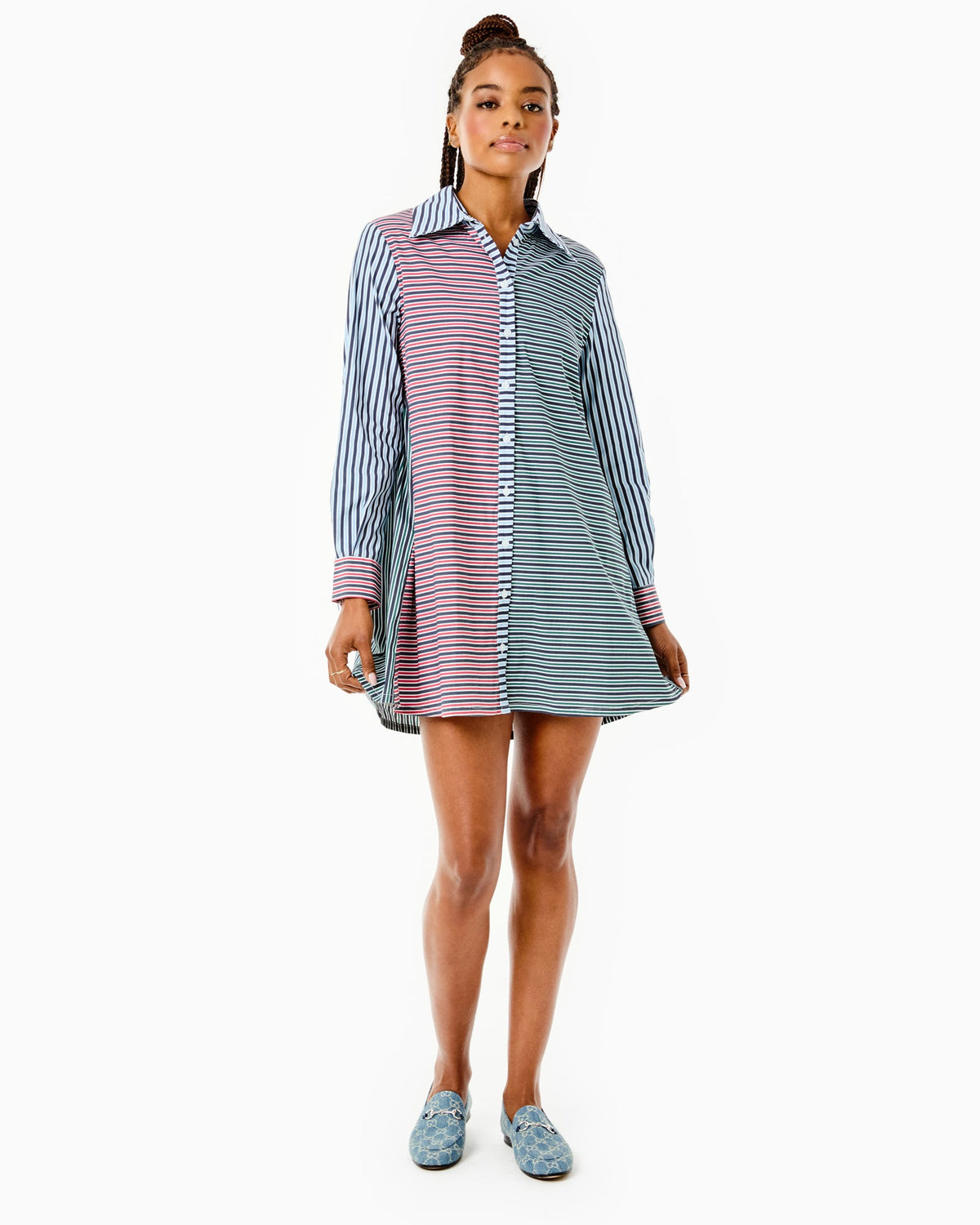 Model is wearing the Bloom Shirt Dress in Navy/ Cherry Stripe.