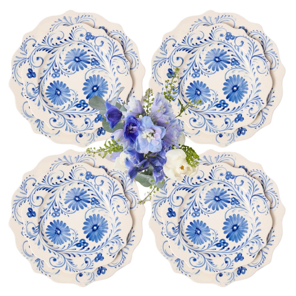 Blue Flowers Dinner & Starter Plates, Set of 8