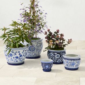 Blue & White Ceramic Planter, Medium with Tray