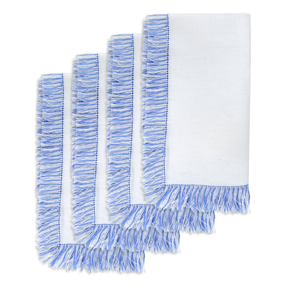 Front view of Blue and White Fringe Dinner Napkins, set of four, showcasing blue fringed edges on a white background
