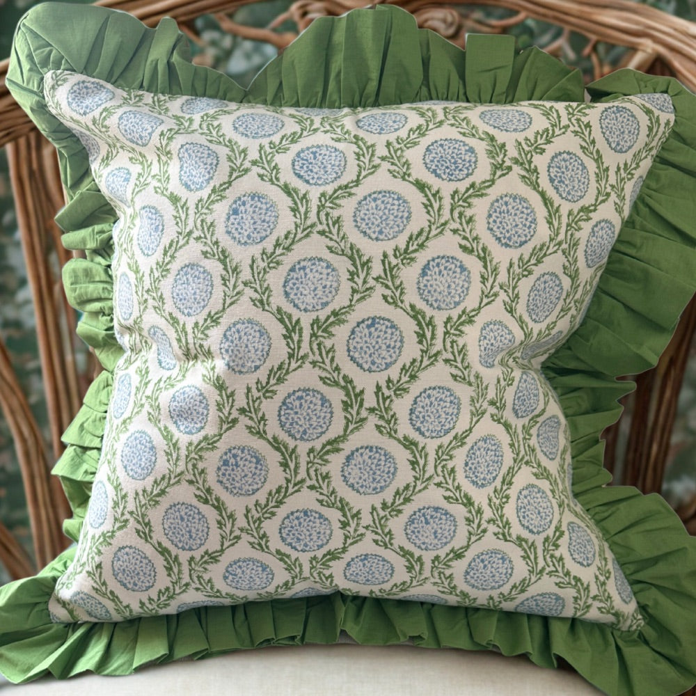 Blue Flowers and Vines Ruffle Pillow Cover