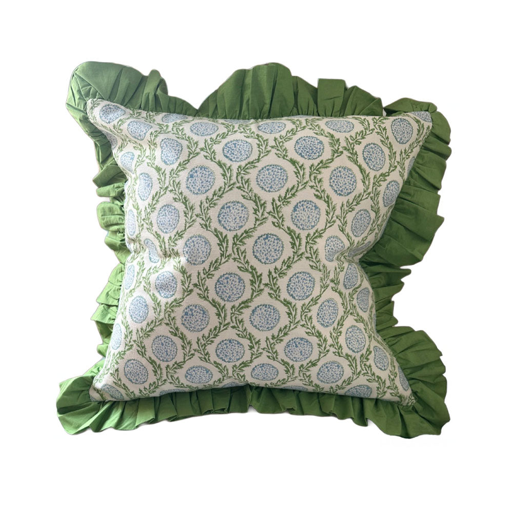 Blue Flowers and Vines Ruffle Pillow Cover