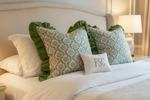 Blue Flowers and Vines Ruffle Pillow Cover