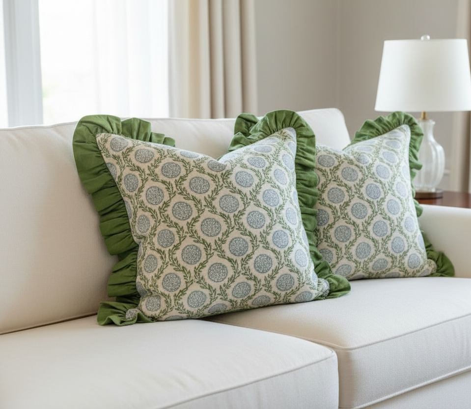 Blue Flowers and Vines Ruffle Pillow Cover