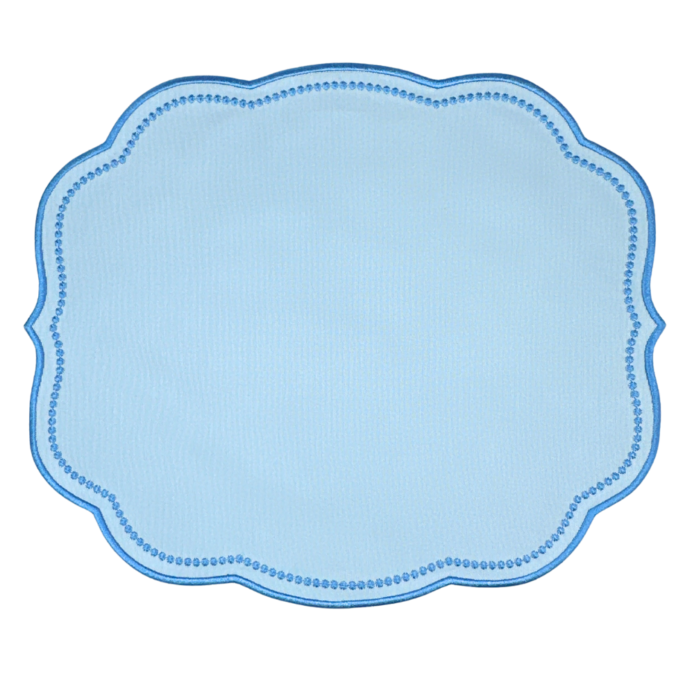 Luxury Light blue scalloped placemat with a blue dot pattern and blue embroidery   