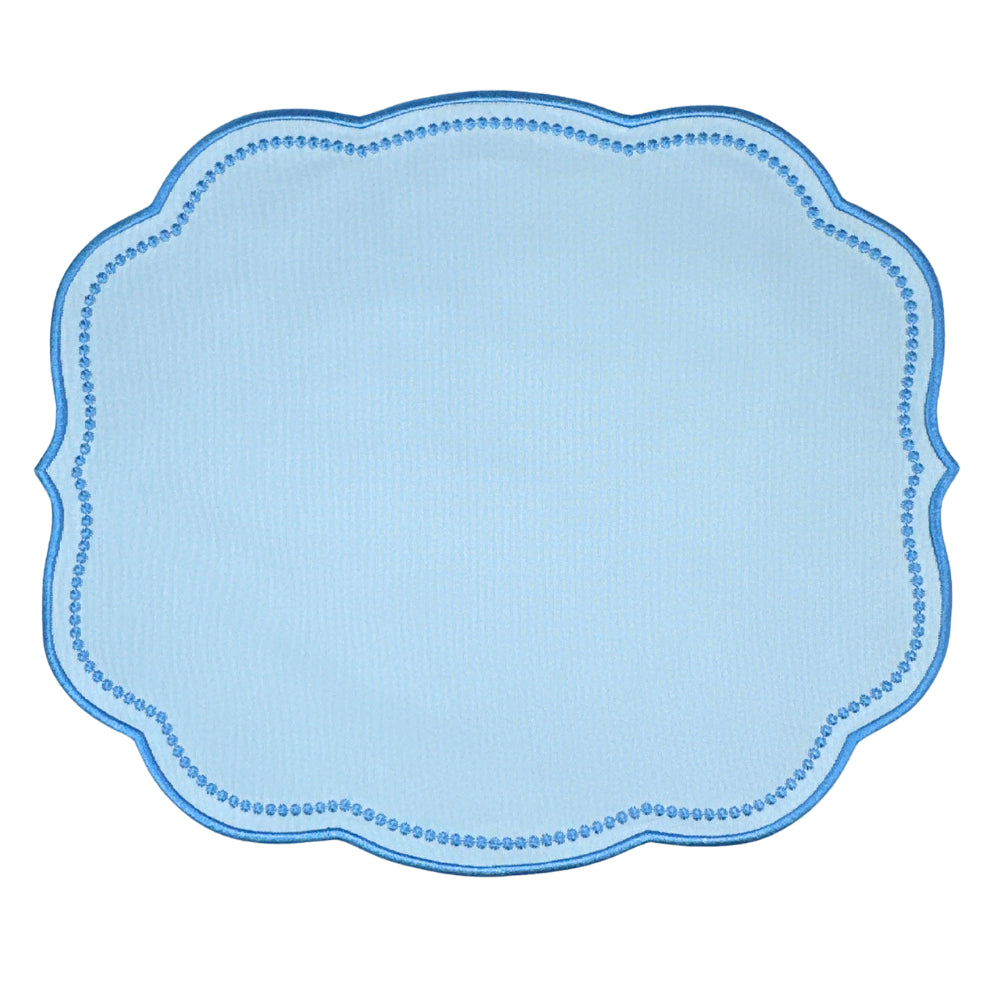 Luxury Light blue scalloped placemat with a blue dot pattern and blue embroidery   