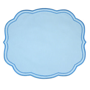 Luxury Light blue scalloped placemat with a blue dot pattern and blue embroidery   