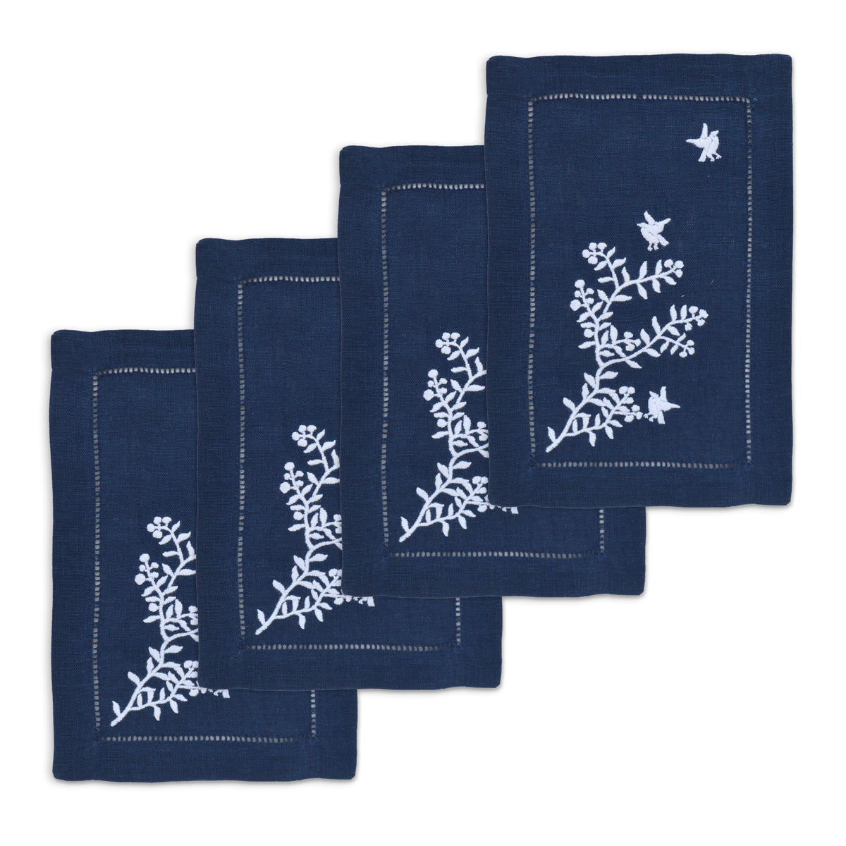 Front view of Blue Chinoiserie Cocktail Napkins set of 4 showcasing white branches and birds on navy linen