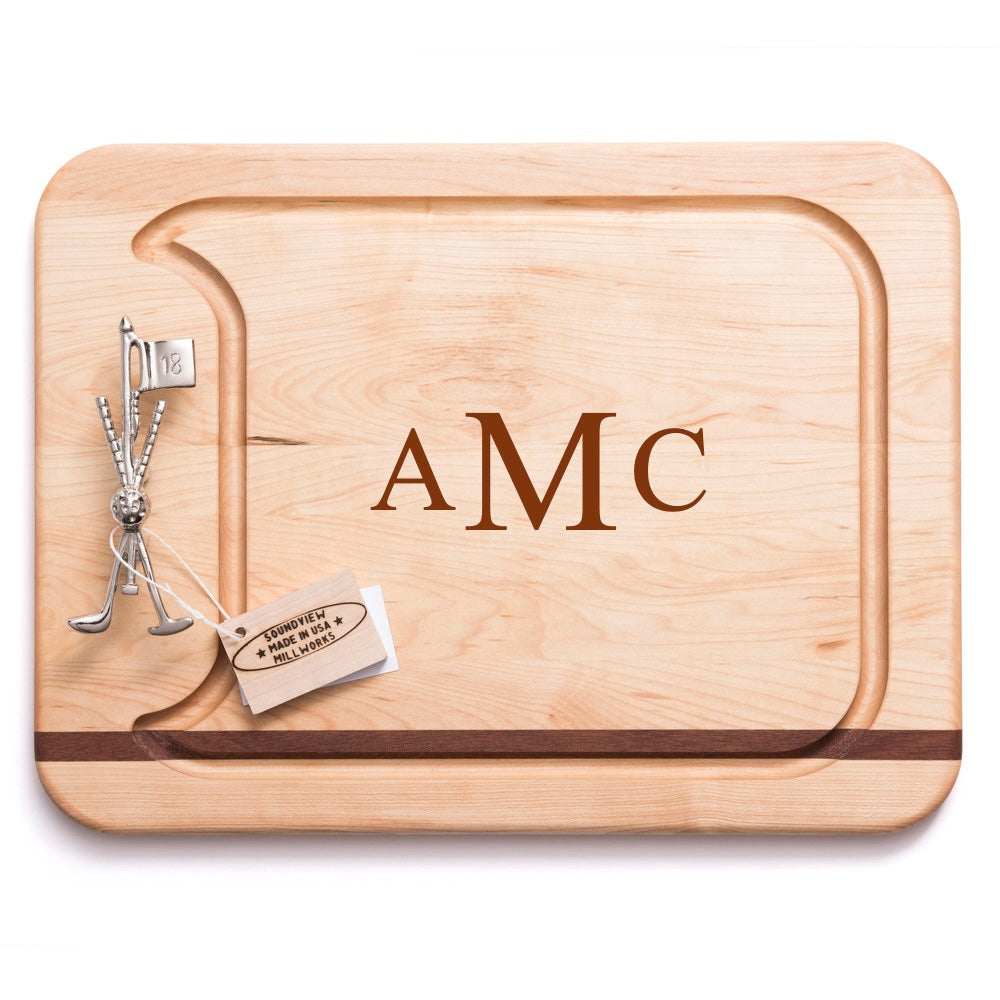 Top-down view of Golf Club Flag appetizer board with monogram, chrome golf club and flag handle, juice groove, and mahogany inlay