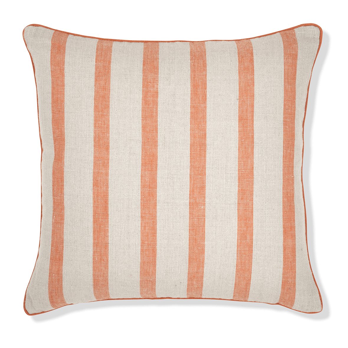 Front view of Bold Stripe Cushion in Terracotta with Terracotta Piping showing vertical terracotta and natural stripes