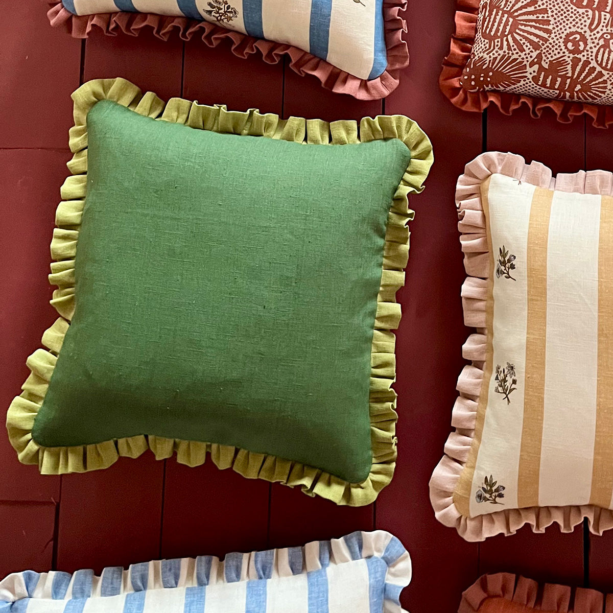Botanical Green Cushion with Moss Green Frill
