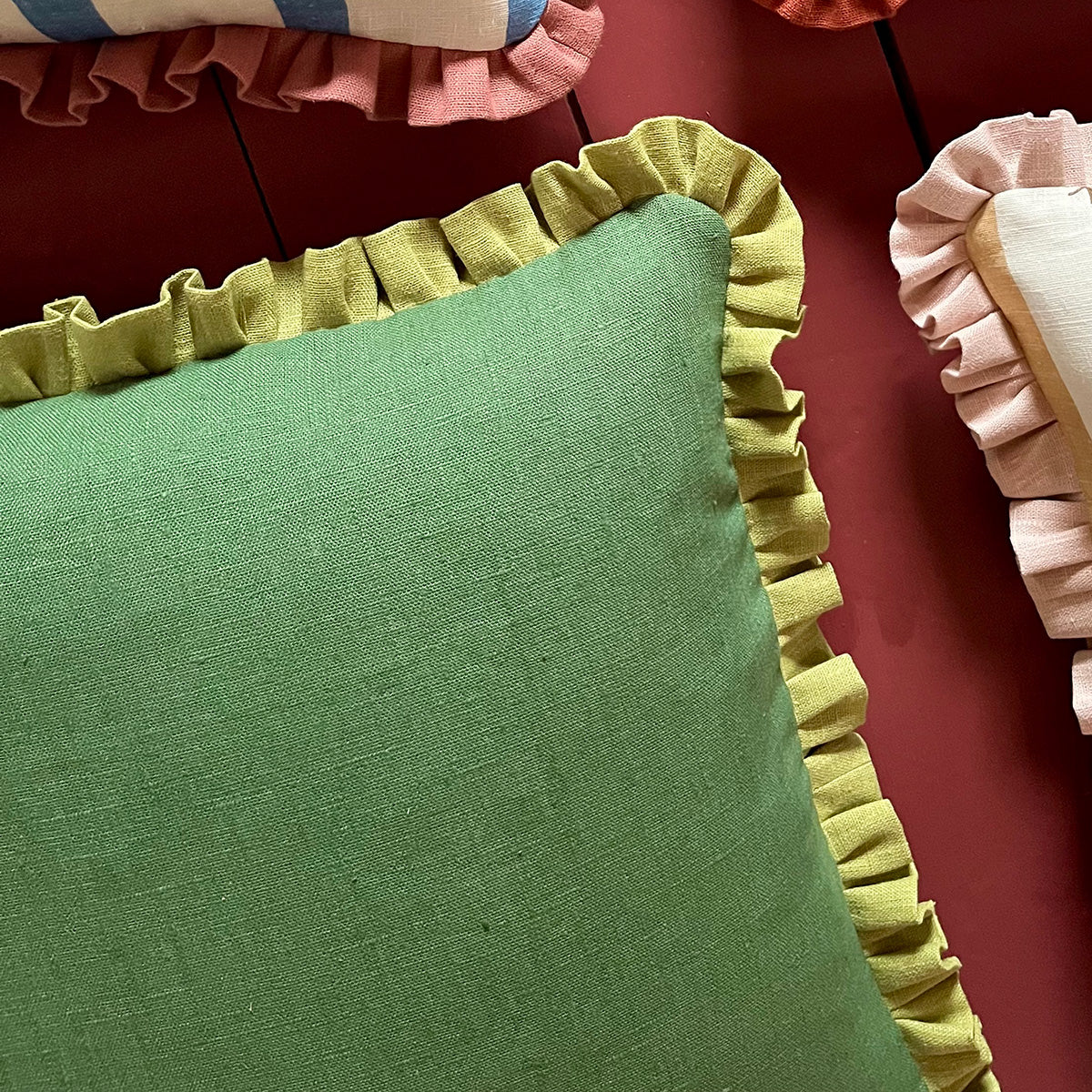 Botanical Green Cushion with Moss Green Frill
