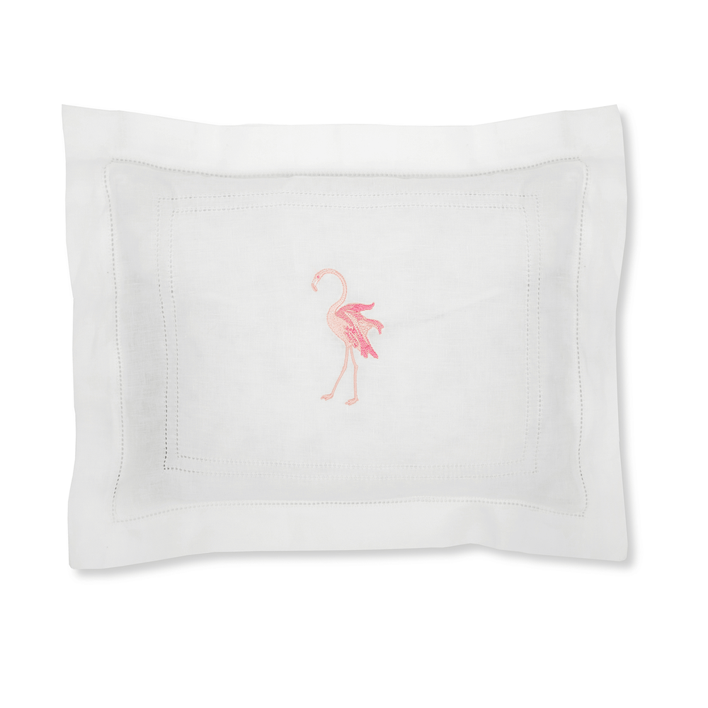 Boudoir Pillow with Ivory White Hemstitch and Flaming Flamingo Embroidery