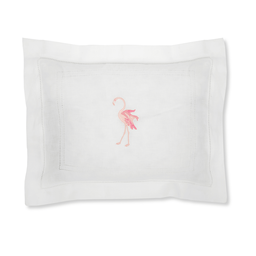 Boudoir Pillow with Ivory White Hemstitch and Flaming Flamingo Embroidery