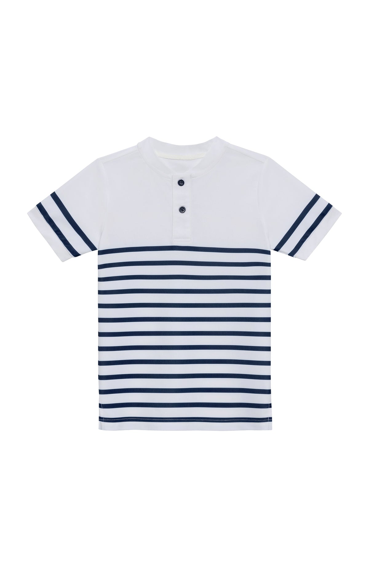 Front view of kids’ Breton Stripe Blade shirt showing navy horizontal stripes and blade collar with three-button placket on white background