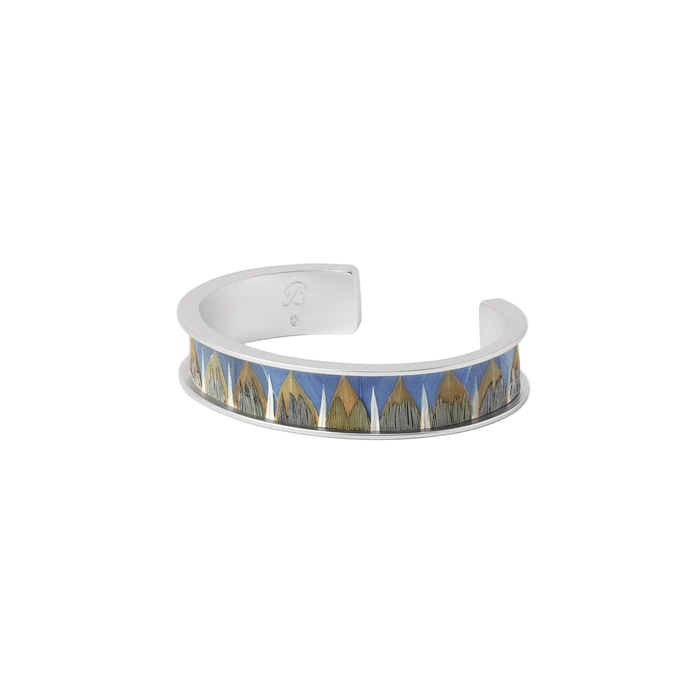 Front view of Brianna Thin Cuff showing silver-plated open cuff with blue and beige feather inlay on white background