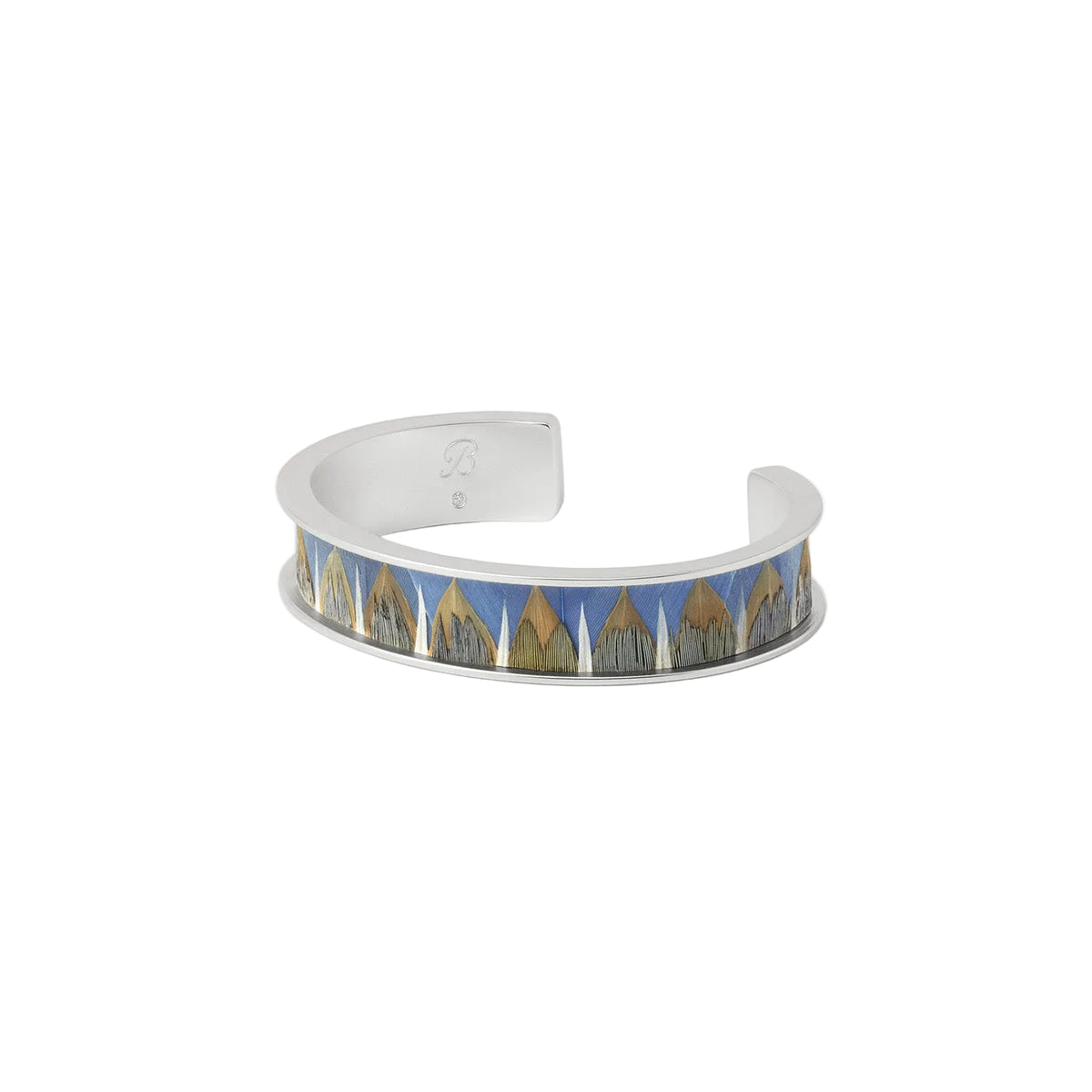 Front view of Brianna Thin Cuff showing silver-plated open cuff with blue and beige feather inlay on white background